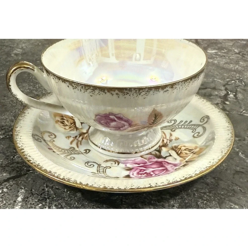 Vintage Inarco Japan Teacup Saucer Roses Gold Trim Lusterware Iridescent Rainbow